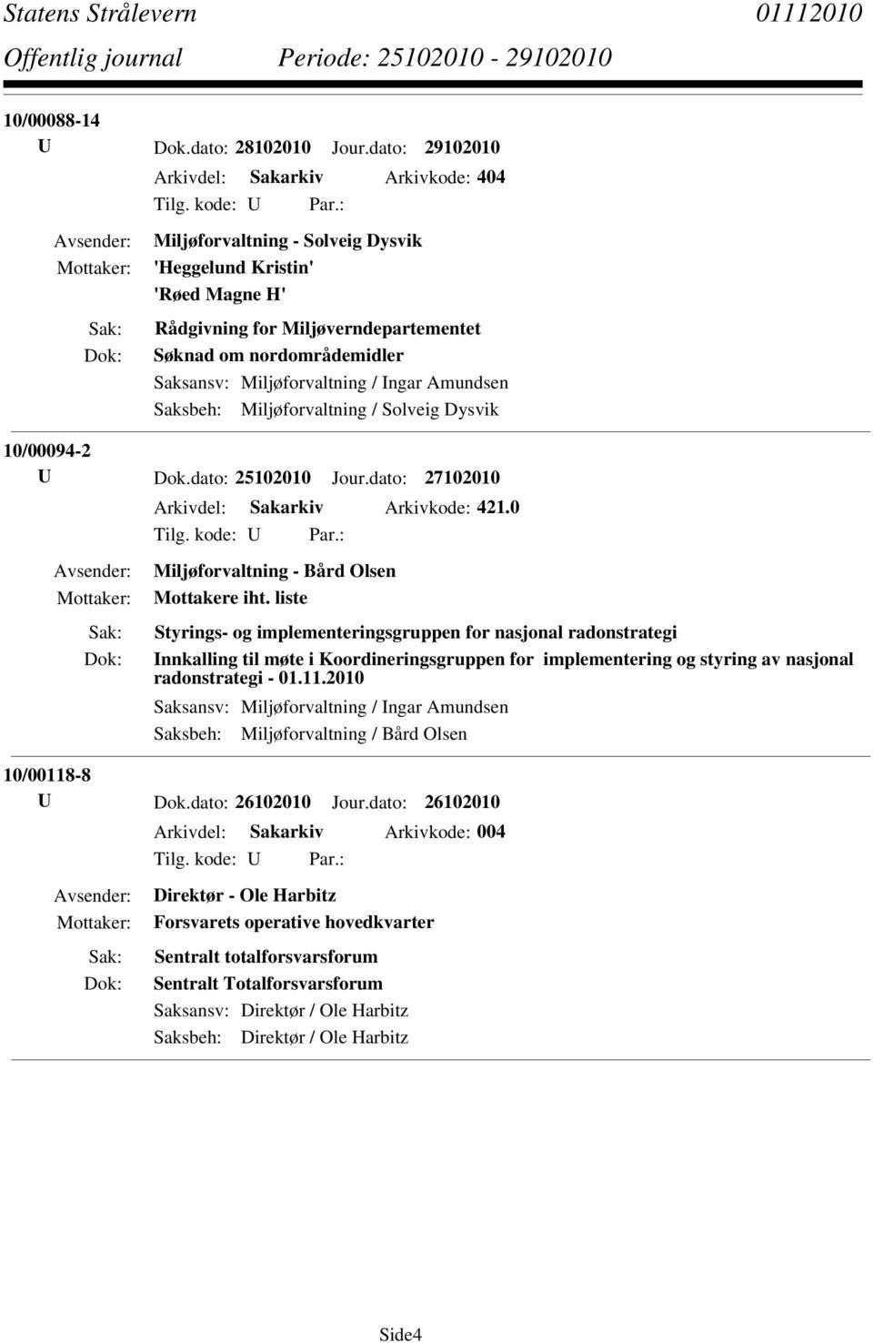 Miljøforvaltning / Solveig Dysvik 10/00094-2 U Dok.dato: 25102010 Jour.dato: 27102010 Arkivdel: Sakarkiv Arkivkode: 421.0 Miljøforvaltning - Bård Olsen Mottakere iht.