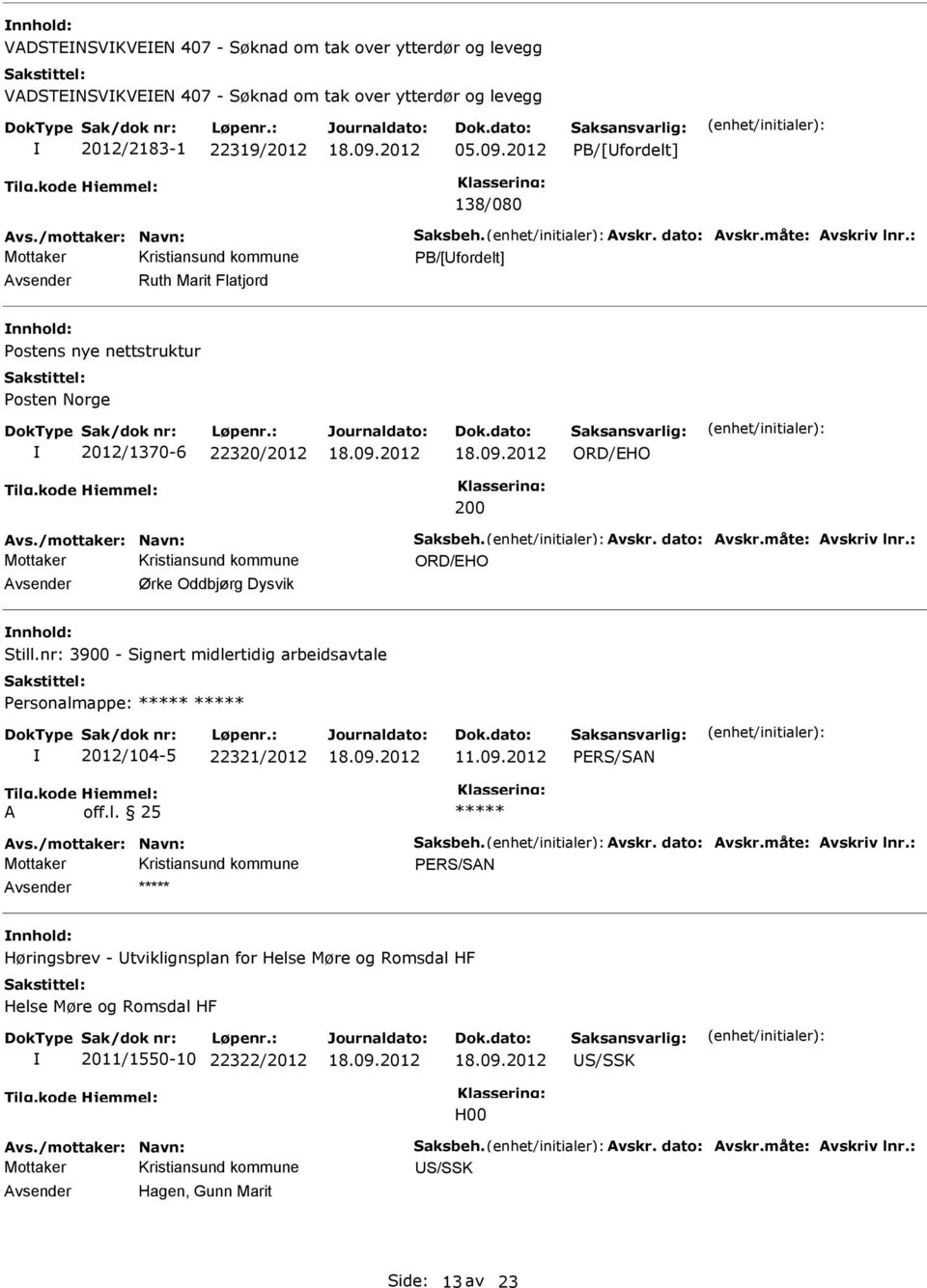 vsender Ørke Oddbjørg Dysvik Still.nr: 3900 - Signert midlertidig arbeidsavtale Personalmappe: 2012/104-5 22321/2012 11.09.