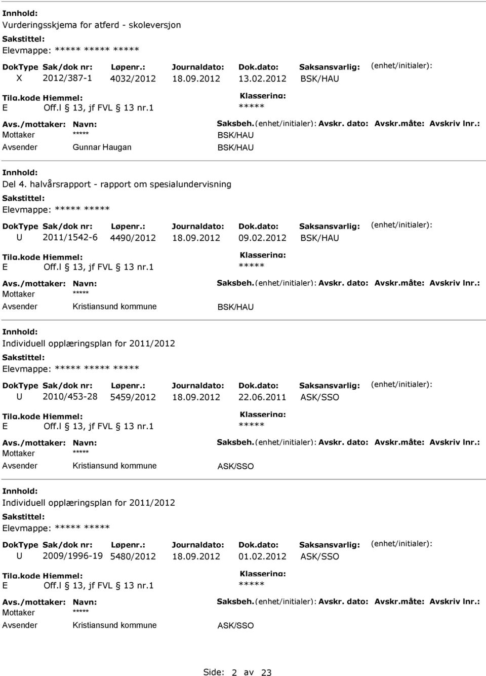 halvårsrapport - rapport om spesialundervisning levmappe: 2011/1542-6 4490/2012 09.02.