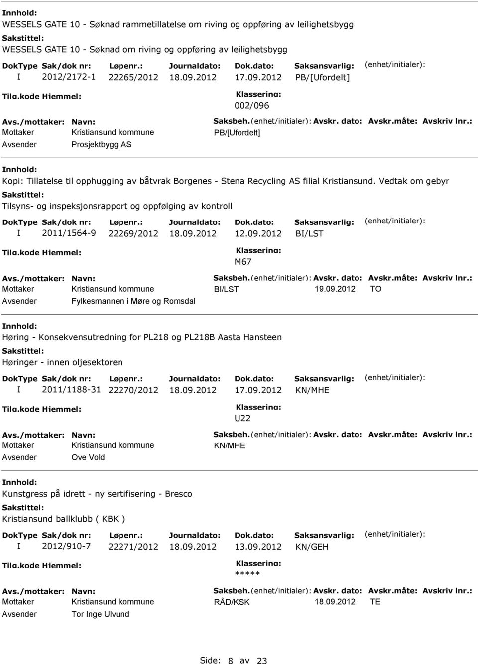 Vedtak om gebyr Tilsyns- og inspeksjonsrapport og oppfølging av kontroll 2011/1564-9 22269/2012 12.09.