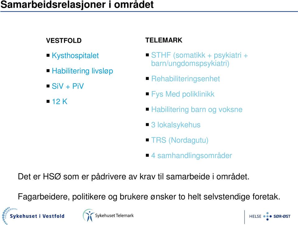 Habilitering barn og voksne 3 lokalsykehus TRS (Nordagutu) 4 samhandlingsområder Det er HSØ som er