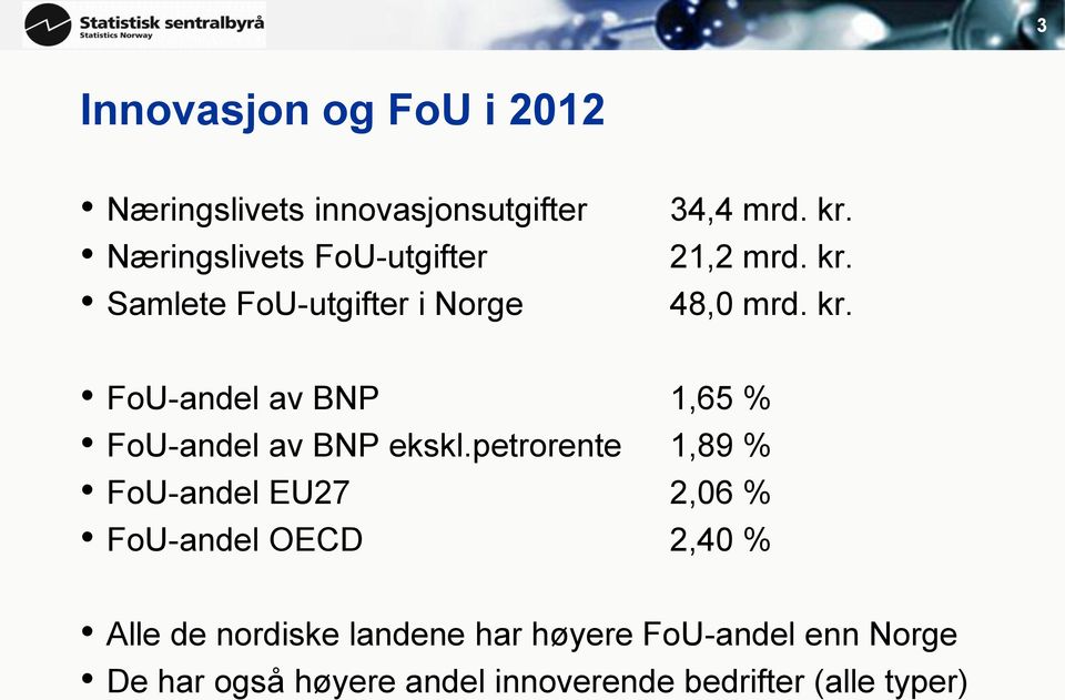 petrorente 1,89 % FoU-andel EU27 2,06 % FoU-andel OECD 2,40 % Alle de nordiske landene har