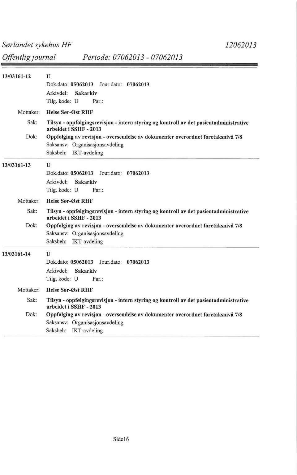 foretaksnivå 7/8 Saksansv: Organisasjonsavdeling IK T -avdeling 13/03161-13 u Tilg. kode: U Par.