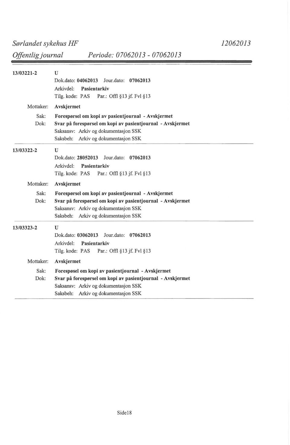 dato: 07062013 Arkivdel: Pasientarkiv Tilg. kode: PAS Par.: Offl 13 jf. Fvl 13 Svar på forespørsel om kopi av pasientjournal - 13/03323-2 u Dok.