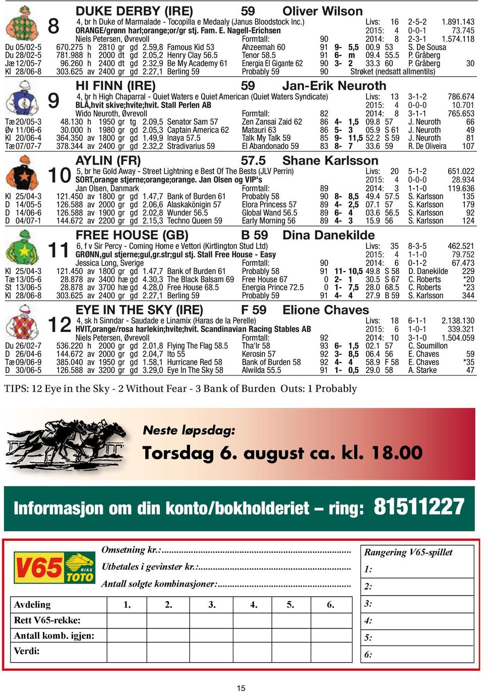 De Sousa Du 28/02-5 781.988 h 2000 dt gd 2.05,2 Henry Clay 56.5 Tenor 58.5 91 6- m 09.4 55.5 P. Gråberg Jæ 12/05-7 96.260 h 2400 dt gd 2.32,9 Be My Academy 61 Energia El Gigante 62 90 3-2 33.3 60 P.