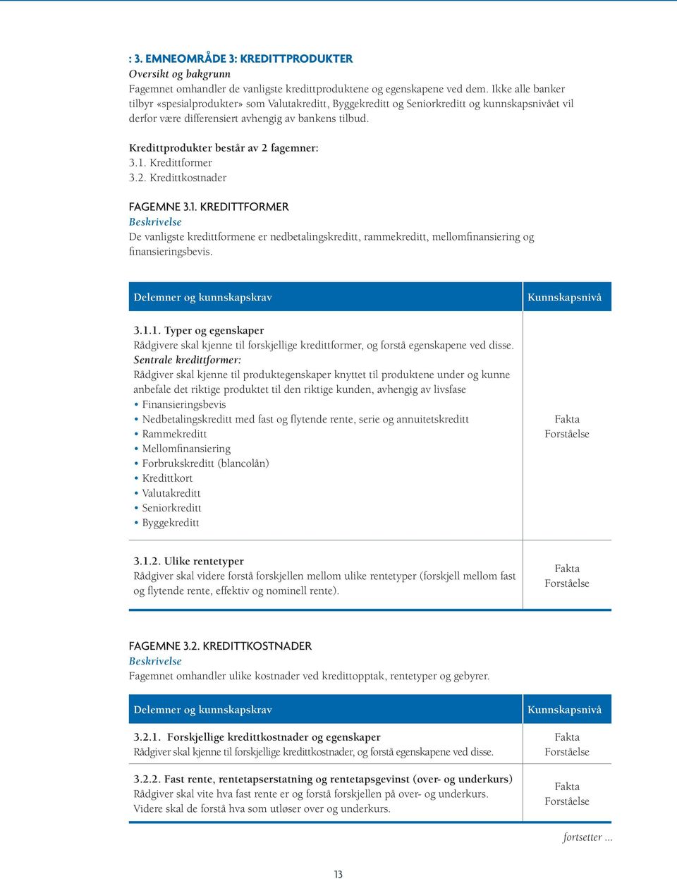 Kredittprodukter består av 2 fagemner: 3.1. Kredittformer 3.2. Kredittkostnader Fagemne 3.1. Kredittformer De vanligste kredittformene er nedbetalingskreditt, rammekreditt, mellomfinansiering og finansieringsbevis.