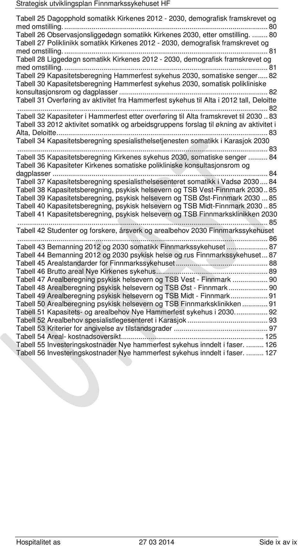 ... 81 Tabell 29 Kapasitetsberegning Hammerfest sykehus 2030, somatiske senger... 82 Tabell 30 Kapasitetsberegning Hammerfest sykehus 2030, somatisk polikliniske konsultasjonsrom og dagplasser.