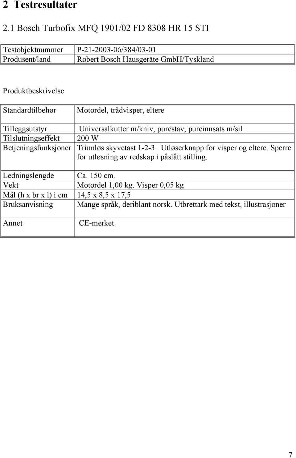 Standardtilbehør Motordel, trådvisper, eltere Tilleggsutstyr Universalkutter m/kniv, puréstav, puréinnsats m/sil Tilslutningseffekt 200 W Betjeningsfunksjoner