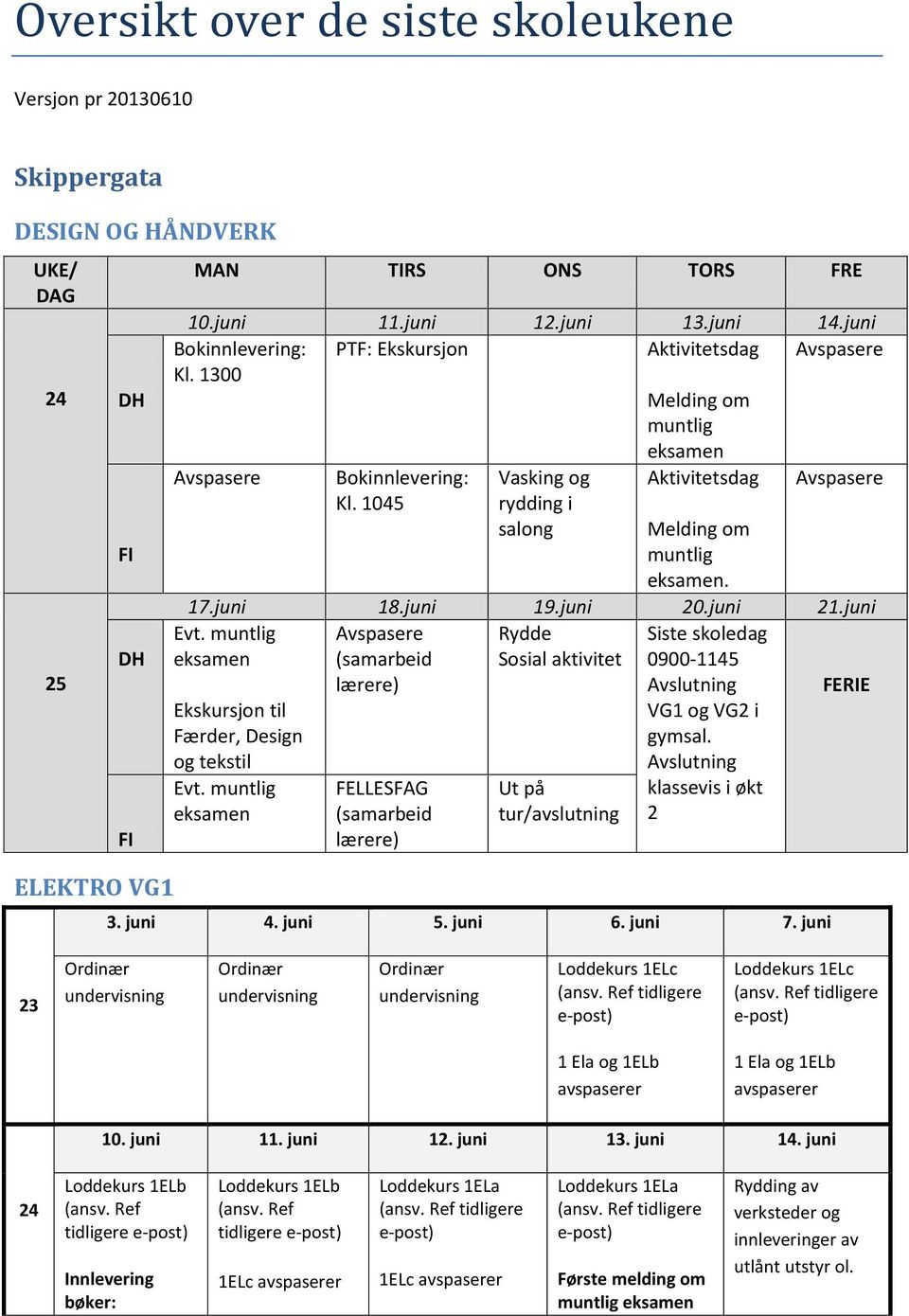 juni Avspasere 17.juni 18.juni 19.juni 20.juni 21.juni Evt. muntlig Rydde Sosial aktivitet Ekskursjon til Færder, Design og tekstil Evt.