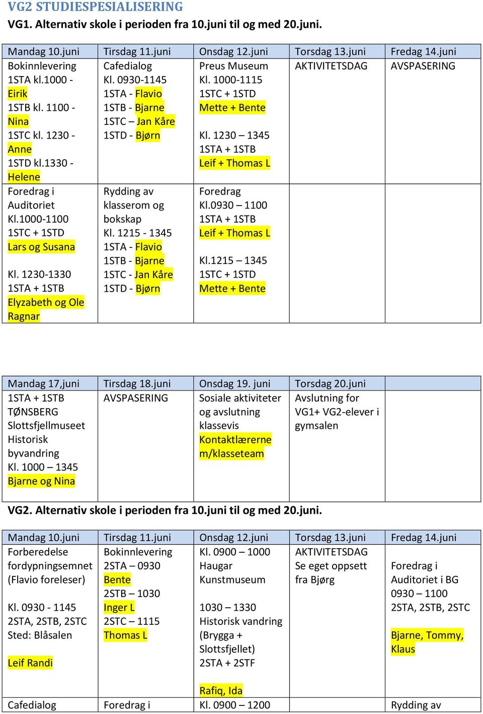 1000-1115 1STC + 1STD Mette + Bente Kl. 1230 1345 Leif + Thomas L AKTIVITETSDAG AVSPASERING Foredrag i Auditoriet Kl.1000-1100 1STC + 1STD Lars og Susana Kl.