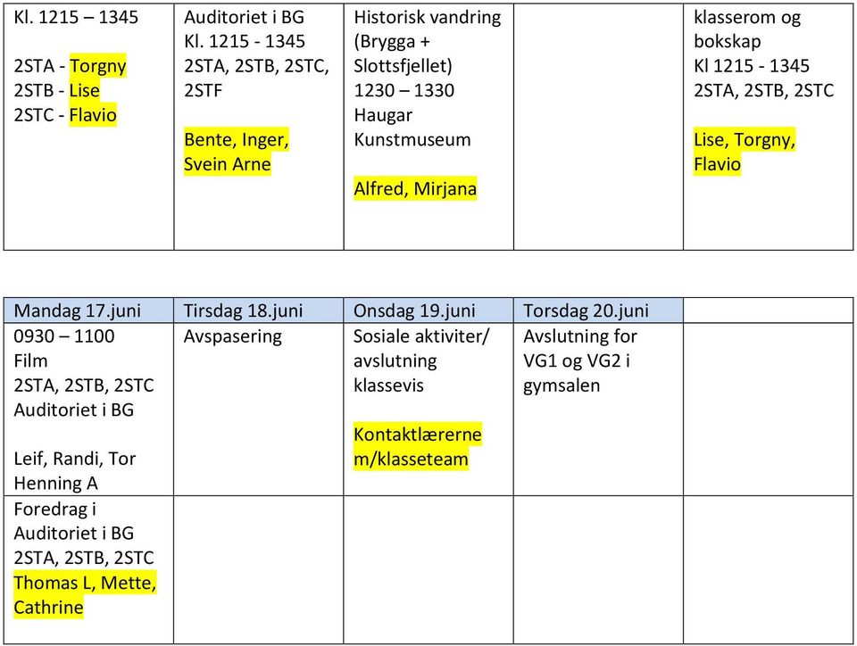 klasserom og bokskap Kl 1215-1345 2STA, 2STB, 2STC Lise, Torgny, Flavio Mandag 17.juni Tirsdag 18.juni Onsdag 19.juni Torsdag 20.