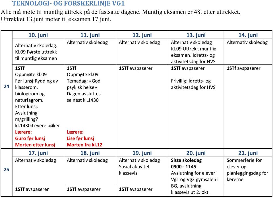 09 Uttrekk muntlig. Idretts- og aktivitetsdag for HVS 1STf Oppmøte kl.09 Temadag: «God psykisk helse» Dagen avsluttes seinest kl.1430 Lærere: Lise før lunsj Morten fra kl.