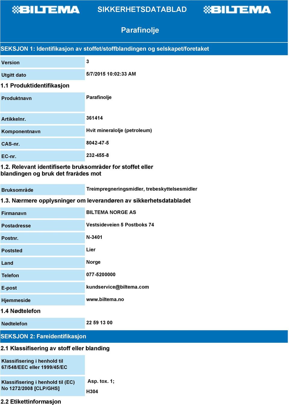 47-5 EC-nr. 232-455-8 1.2. Relevant identifiserte bruksområder for stoffet eller blandingen og bruk det frarådes mot Bruksområde Treimpregneringsmidler, trebeskyttelsesmidler 1.3. Nærmere opplysninger om leverandøren av sikkerhetsdatabladet Firmanavn BILTEMA NORGE AS Postadresse Vestsideveien 5 Postboks 74 Postnr.