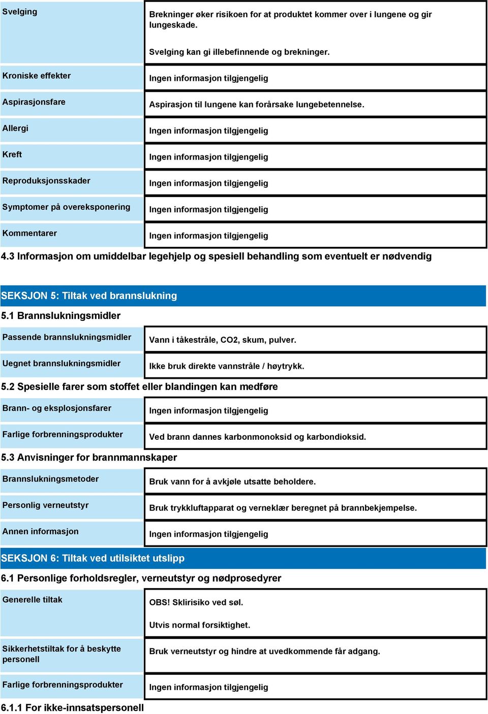 3 Informasjon om umiddelbar legehjelp og spesiell behandling som eventuelt er nødvendig SEKSJON 5: Tiltak ved brannslukning 5.