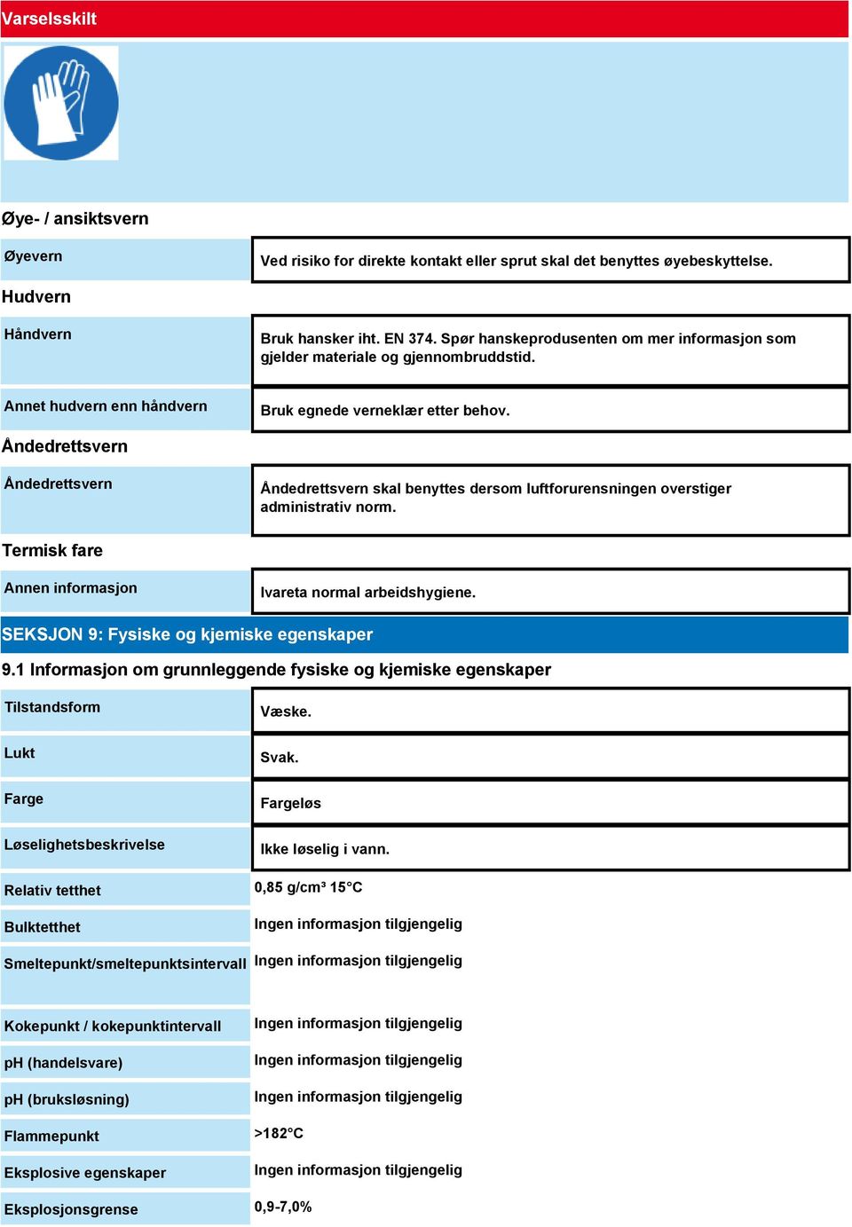 Åndedrettsvern Åndedrettsvern Åndedrettsvern skal benyttes dersom luftforurensningen overstiger administrativ norm. Termisk fare Ivareta normal arbeidshygiene.