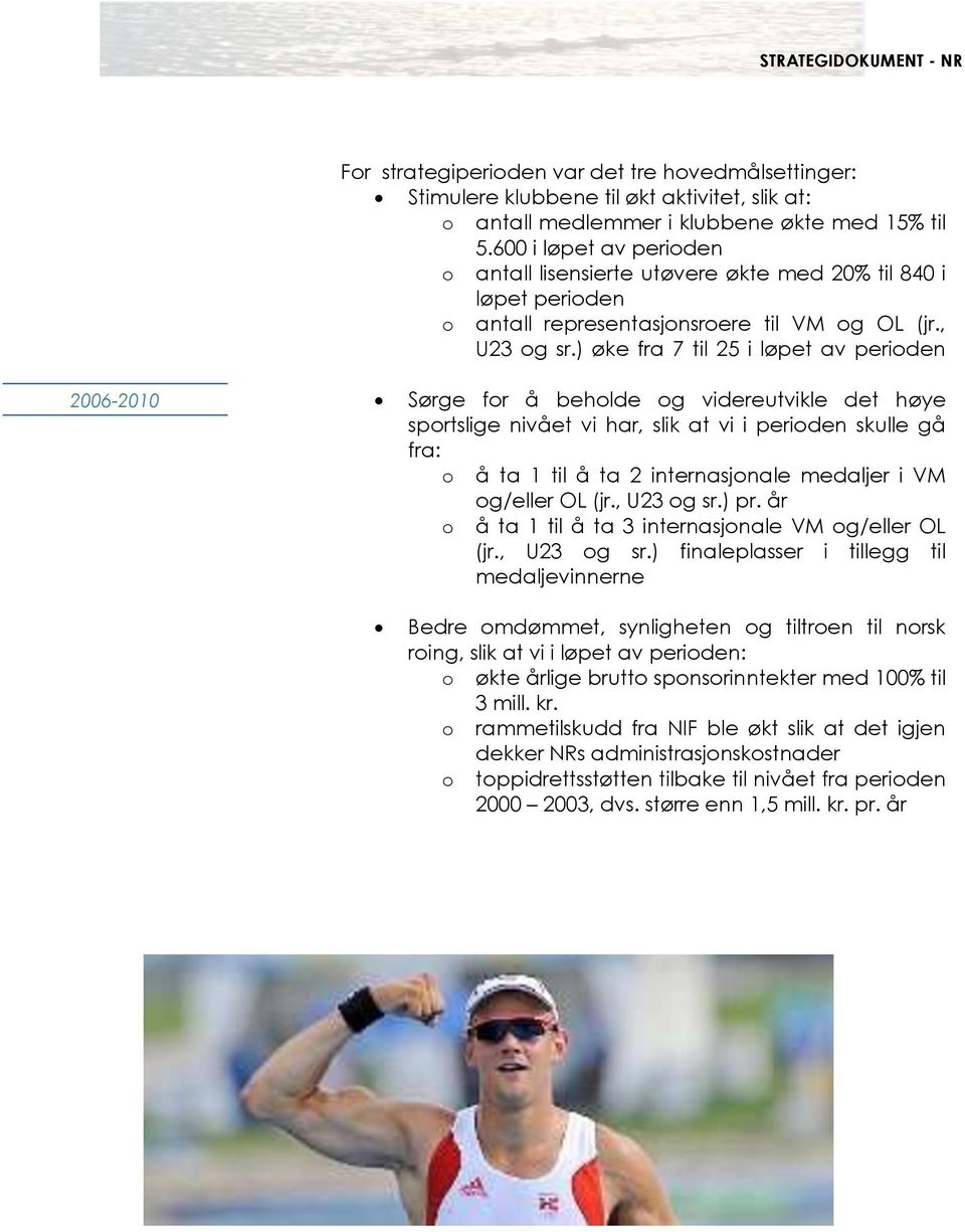 ) øke fra 7 til 25 i løpet av perioden 2006-2010 Sørge for å beholde og videreutvikle det høye sportslige nivået vi har, slik at vi i perioden skulle gå fra: o å ta 1 til å ta 2 internasjonale