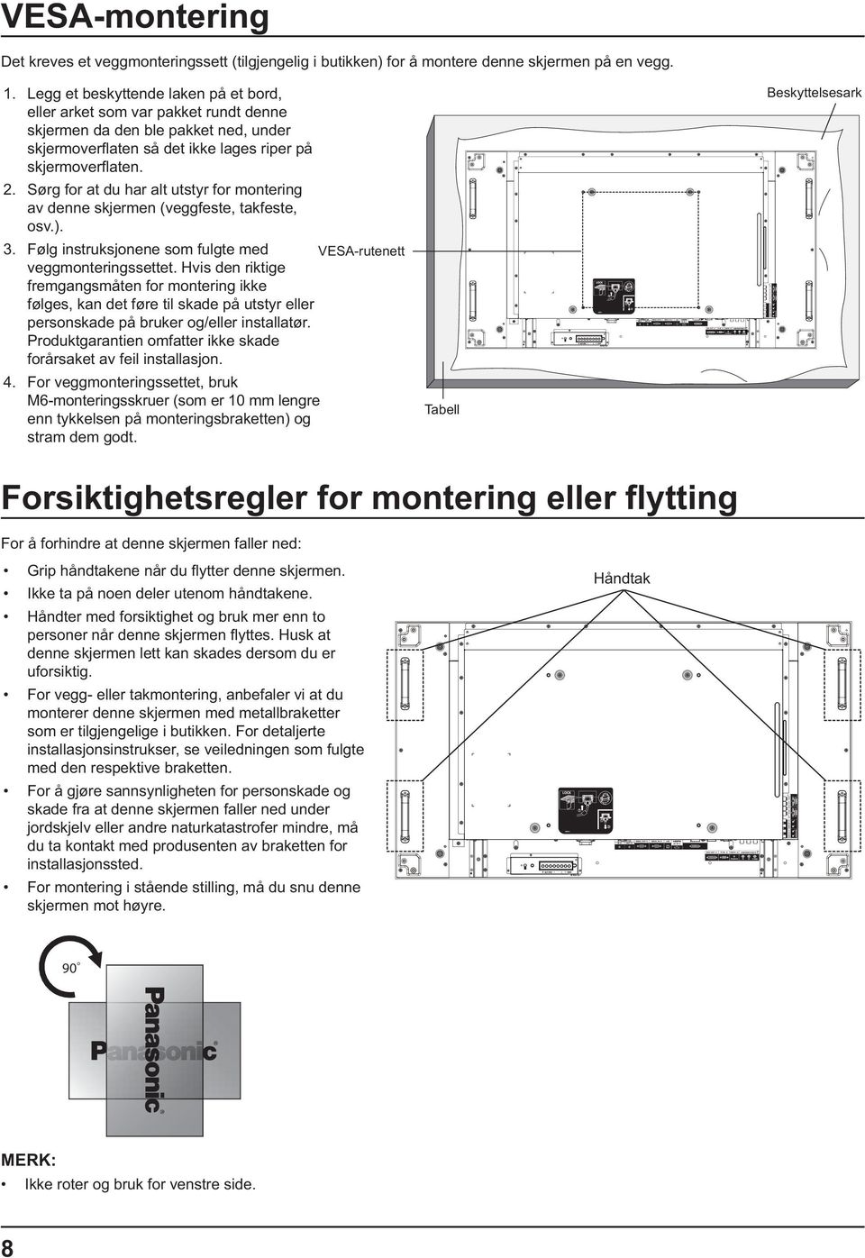 Sørg for at du har alt utstyr for montering av denne skjermen (veggfeste, takfeste, osv.). 3. Følg instruksjonene som fulgte med VESA-rutenett veggmonteringssettet.