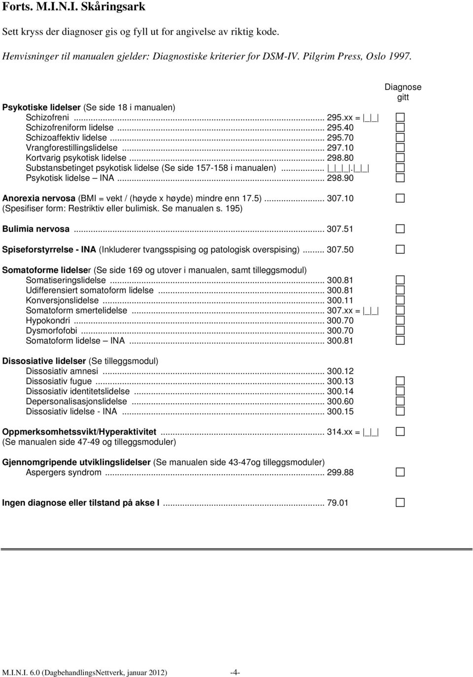 10 Kortvarig psykotisk lidelse... 298.80 Substansbetinget psykotisk lidelse (Se side 157-158 i manualen)... _ _ _. _ _ Psykotisk lidelse INA... 298.90 Diagnose gitt Anorexia nervosa (BMI = vekt / (høyde x høyde) mindre enn 17.