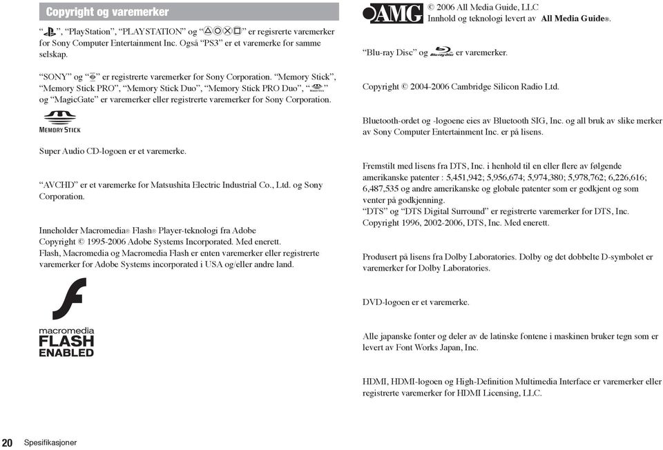 Memory Stick, Memory Stick PRO, Memory Stick Duo, Memory Stick PRO Duo, og MagicGate er varemerker eller registrerte varemerker for Sony Corporation. Super Audio CD-logoen er et varemerke.
