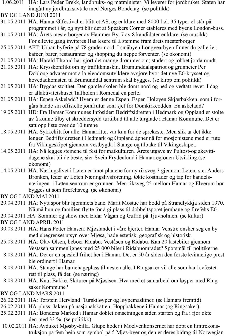 2011 HA: Årets mesterborger av Hammer By. 7 av 8 kandidater er klare. (se musikk) For ellevte gang inviteres Has lesere til å stemme fram årets mesterborger. 25.05.