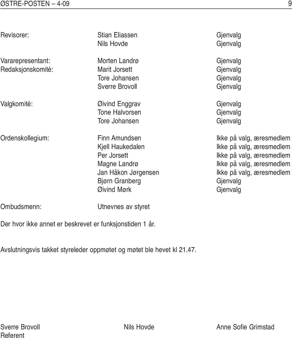 æresmedlem Per Jorsett Ikke på valg, æresmedlem Magne Landrø Ikke på valg, æresmedlem Jan Håkon Jørgensen Ikke på valg, æresmedlem Bjørn Granberg Gjenvalg Øivind Mørk Gjenvalg Ombudsmenn: