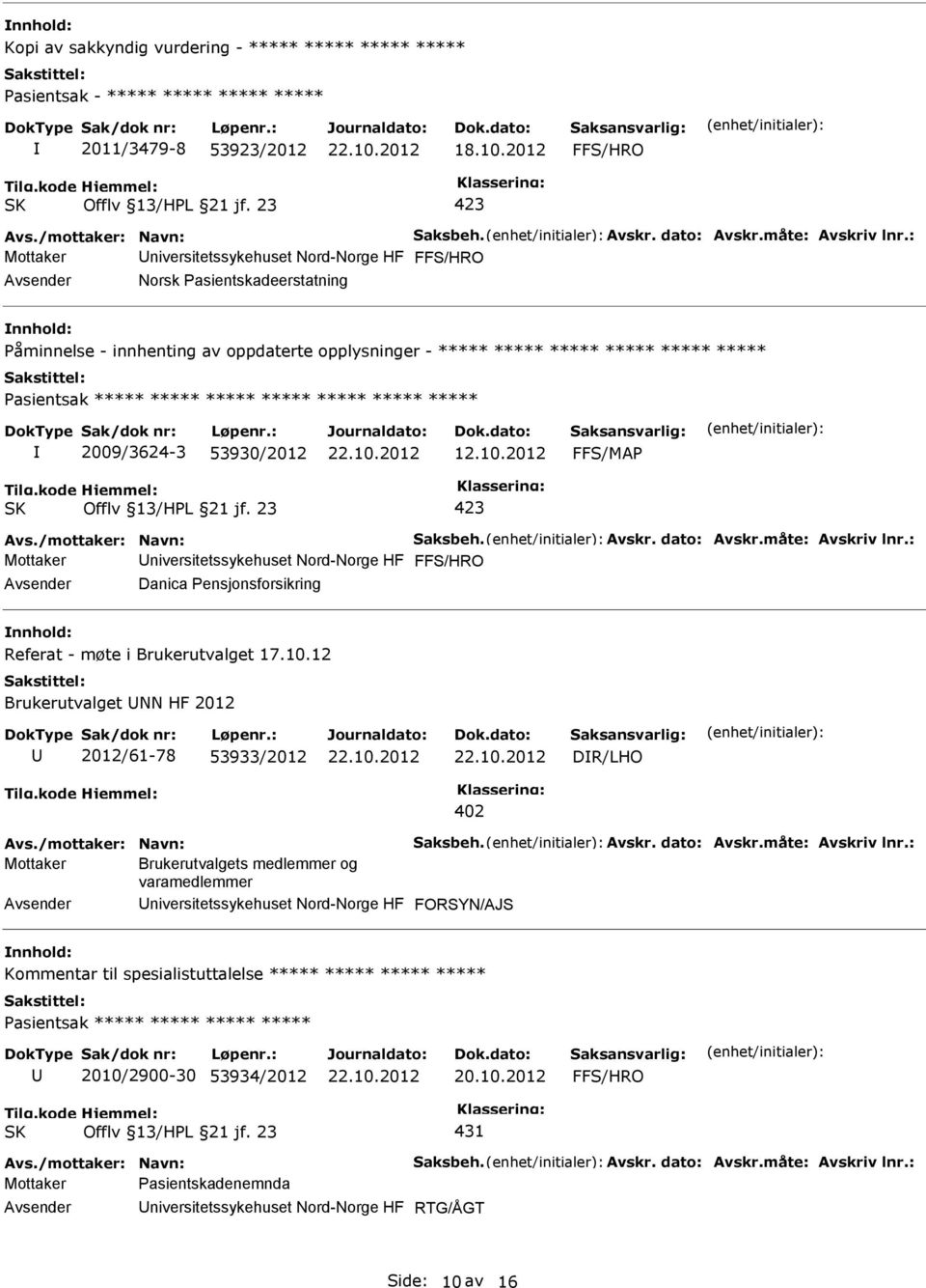 2012 FFS/MAP Mottaker niversitetssykehuset Nord-Norge HF Danica Pensjonsforsikring nnhold: Referat - møte i Brukerutvalget 17.10.