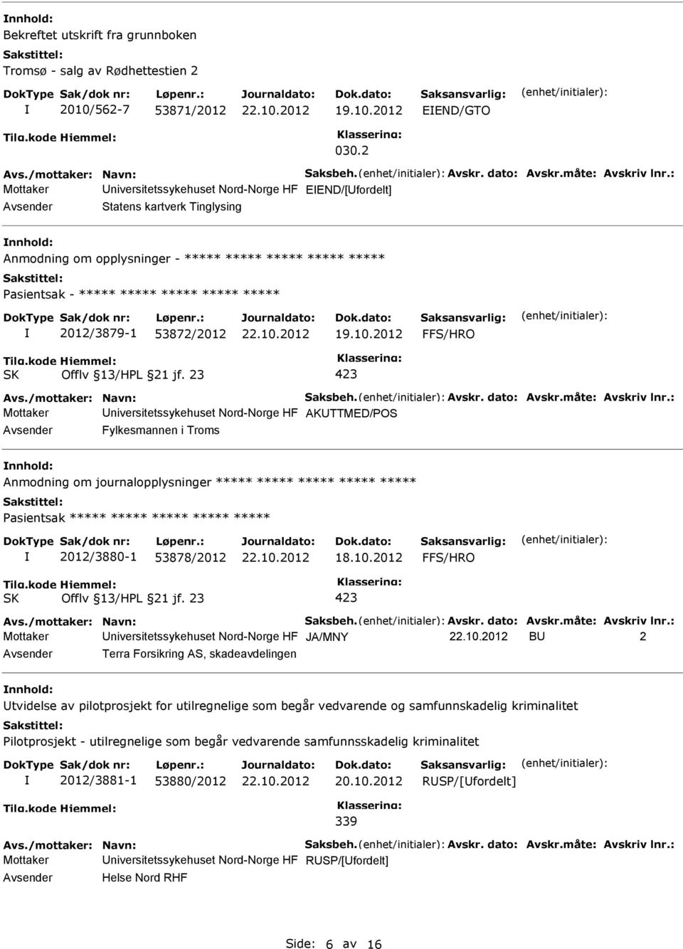 2012/3879-1 53872/2012 Mottaker niversitetssykehuset Nord-Norge HF AKTTMED/POS Fylkesmannen i Troms nnhold: Anmodning om journalopplysninger ***** ***** ***** ***** ***** Pasientsak ***** ***** *****