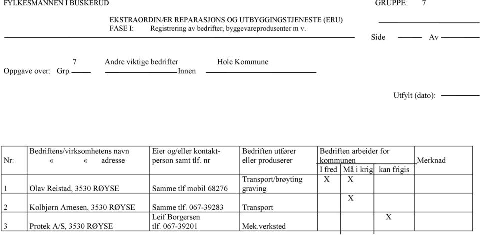 Innen Utfylt (dato): Nr: Bedriftens/virksomhetens navn ««adresse Eier og/eller kontaktperson samt tlf.