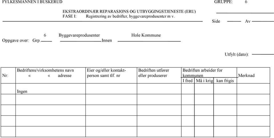 6 Byggevareprodusenter Hole Kommune Innen Utfylt (dato): Nr: Bedriftens/virksomhetens navn ««adresse Eier