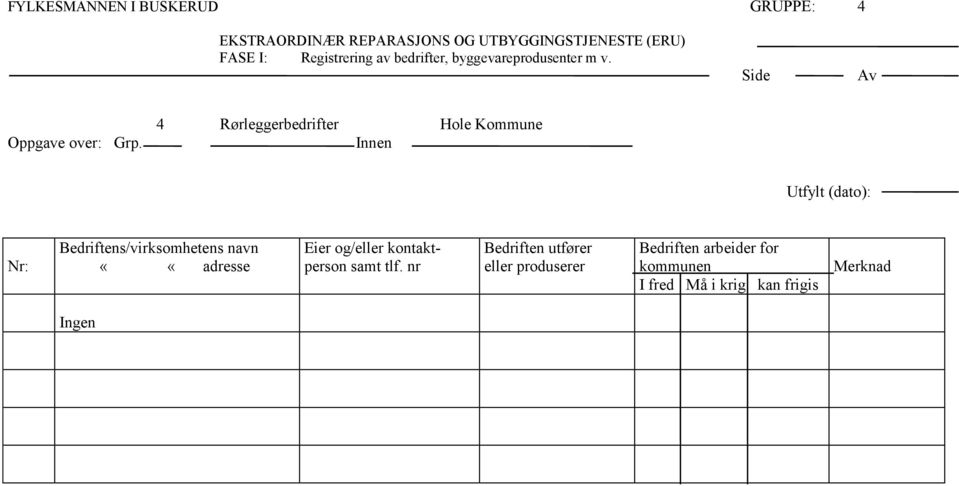 4 Rørleggerbedrifter Hole Kommune Innen Utfylt (dato): Nr: Bedriftens/virksomhetens navn ««adresse Eier