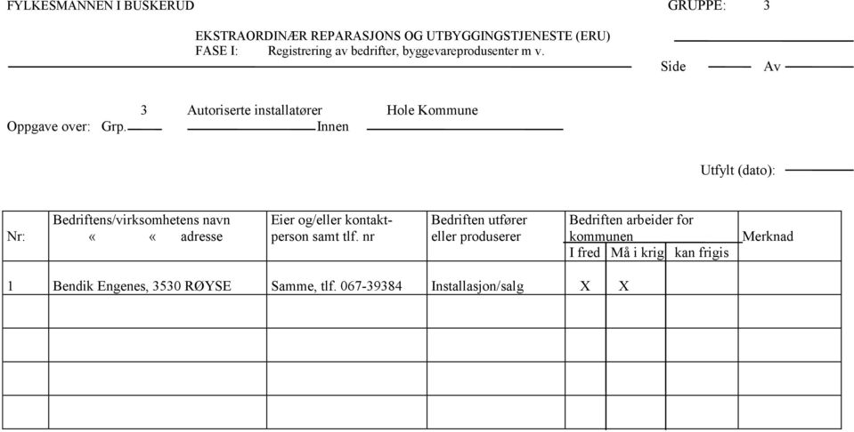 3 Autoriserte installatører Hole Kommune Innen Utfylt (dato): Nr: Bedriftens/virksomhetens navn ««adresse Eier og/eller