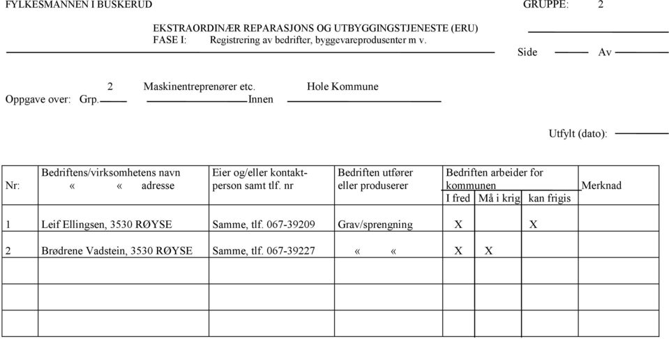 Hole Kommune Innen Utfylt (dato): Nr: Bedriftens/virksomhetens navn ««adresse Eier og/eller kontaktperson samt tlf.