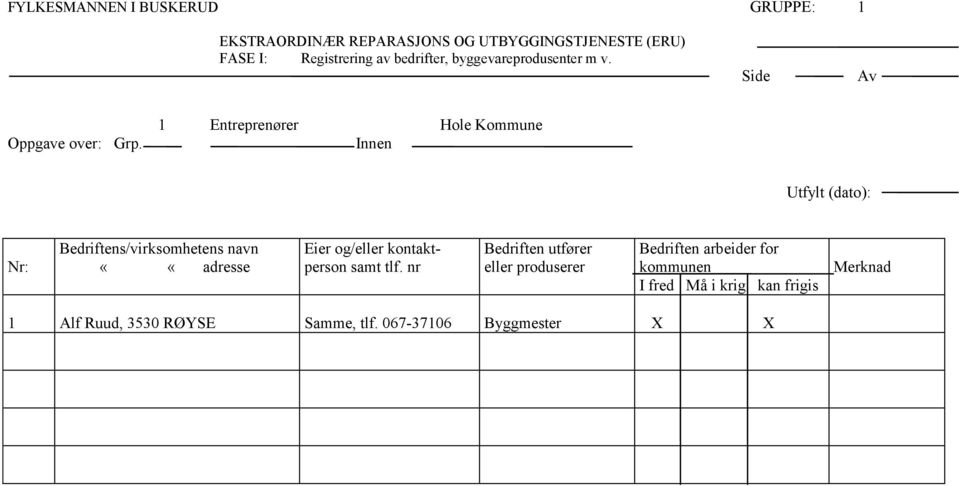 1 Entreprenører Hole Kommune Innen Utfylt (dato): Nr: Bedriftens/virksomhetens navn ««adresse Eier og/eller