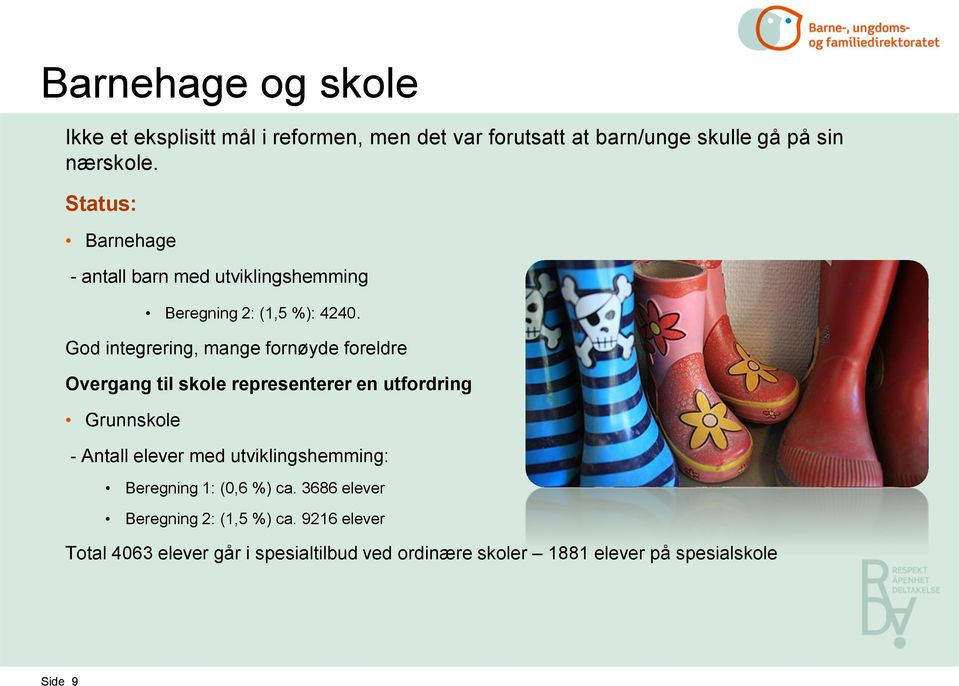 God integrering, mange fornøyde foreldre Overgang til skole representerer en utfordring Grunnskole - Antall elever med