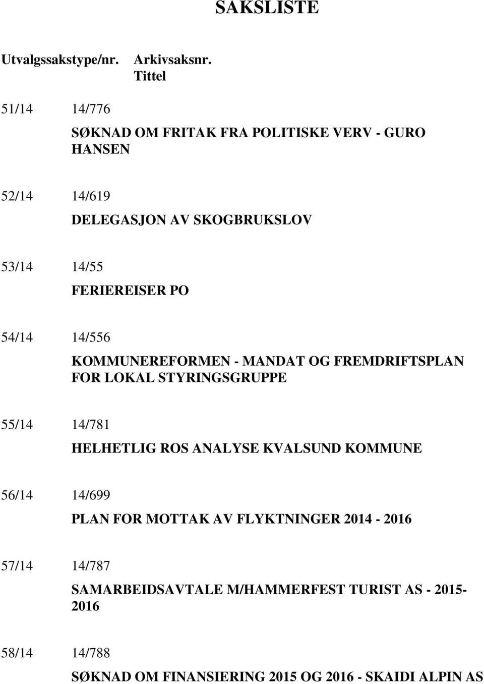 FERIEREISER PO 54/14 14/556 KOMMUNEREFORMEN - MANDAT OG FREMDRIFTSPLAN FOR LOKAL STYRINGSGRUPPE 55/14 14/781 HELHETLIG ROS