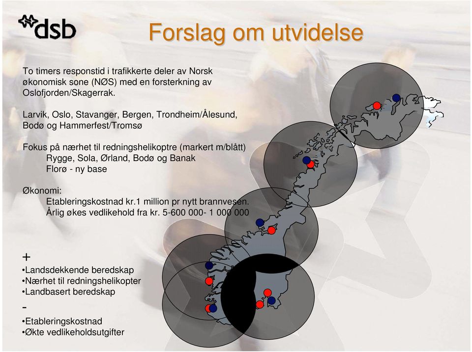 Rygge, Sola, Ørland, Bodø og Banak Florø - ny base Økonomi: Etableringskostnad kr.1 million pr nytt brannvesen.