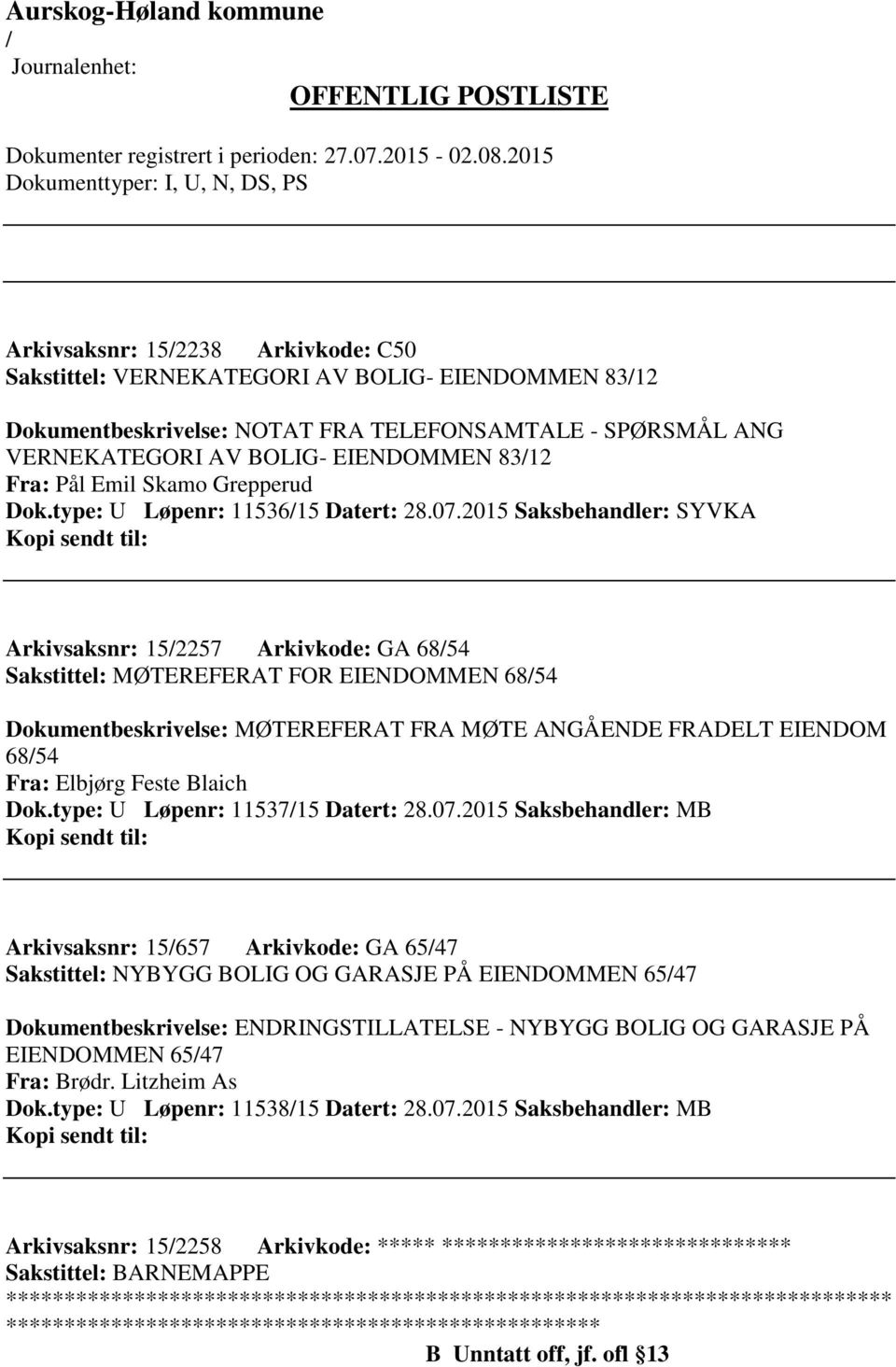 2015 Saksbehandler: SYVKA Arkivsaksnr: 152257 Arkivkode: GA 6854 Sakstittel: MØTEREFERAT FOR EIENDOMMEN 6854 Dokumentbeskrivelse: MØTEREFERAT FRA MØTE ANGÅENDE FRADELT EIENDOM 6854 Fra: Elbjørg Feste