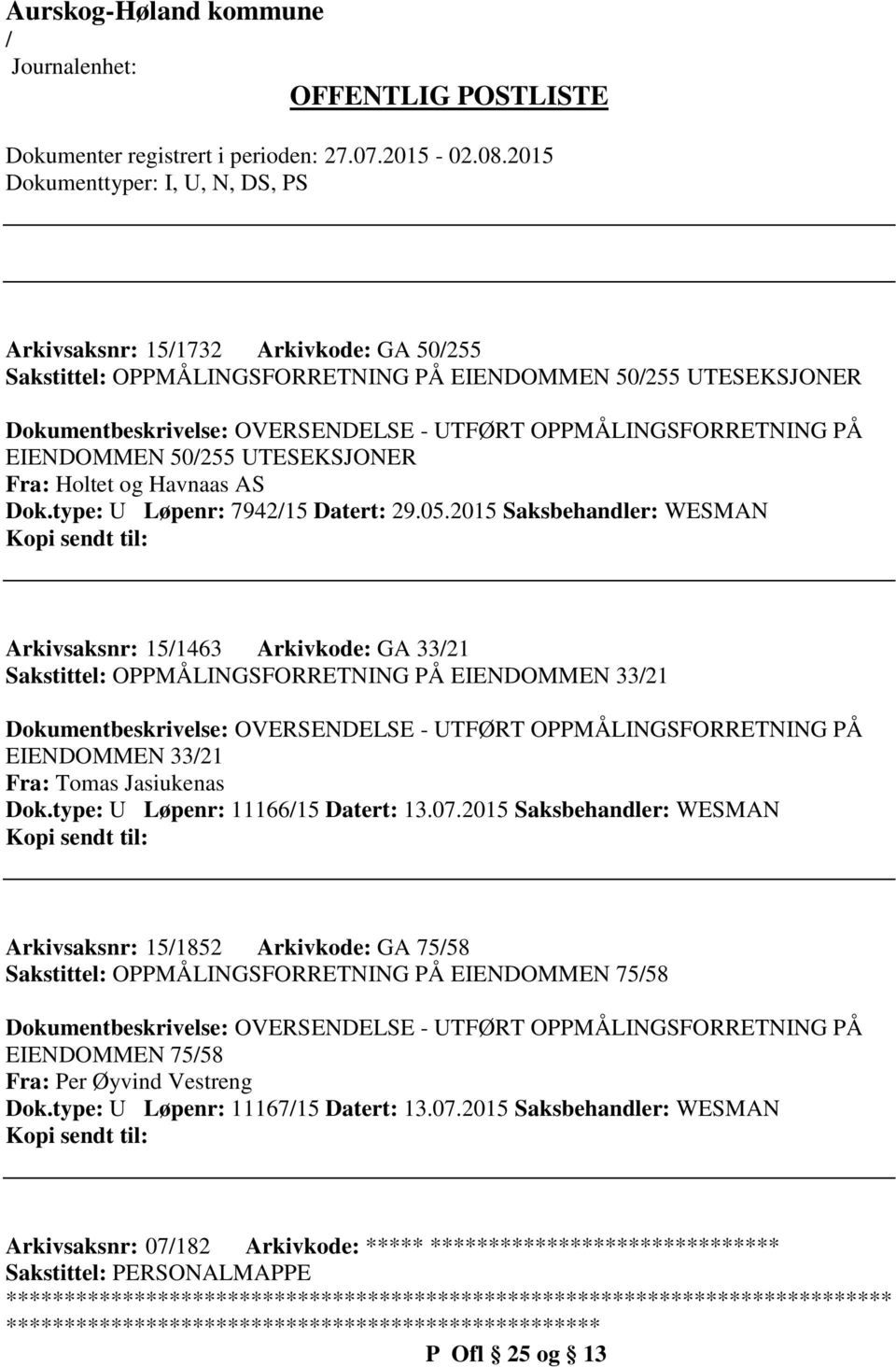 2015 Saksbehandler: WESMAN Arkivsaksnr: 151463 Arkivkode: GA 3321 Sakstittel: OPPMÅLINGSFORRETNING PÅ EIENDOMMEN 3321 Dokumentbeskrivelse: OVERSENDELSE - UTFØRT OPPMÅLINGSFORRETNING PÅ EIENDOMMEN