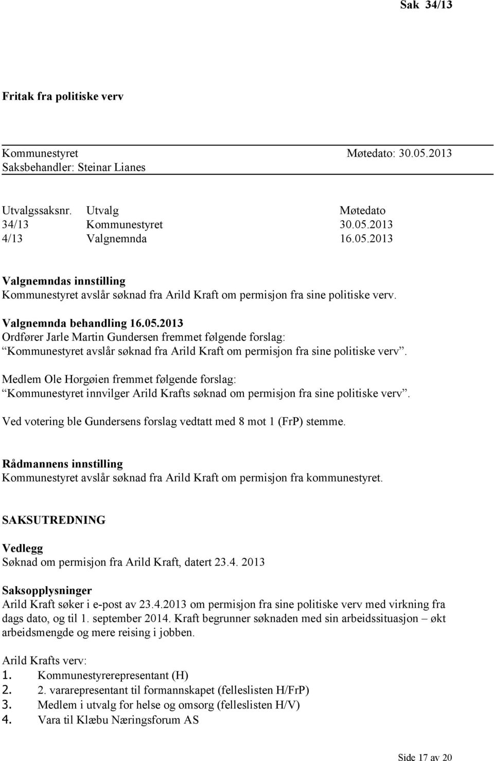 Medlem Ole Horgøien fremmet følgende forslag: Kommunestyret innvilger Arild Krafts søknad om permisjon fra sine politiske verv. Ved votering ble Gundersens forslag vedtatt med 8 mot 1 (FrP) stemme.