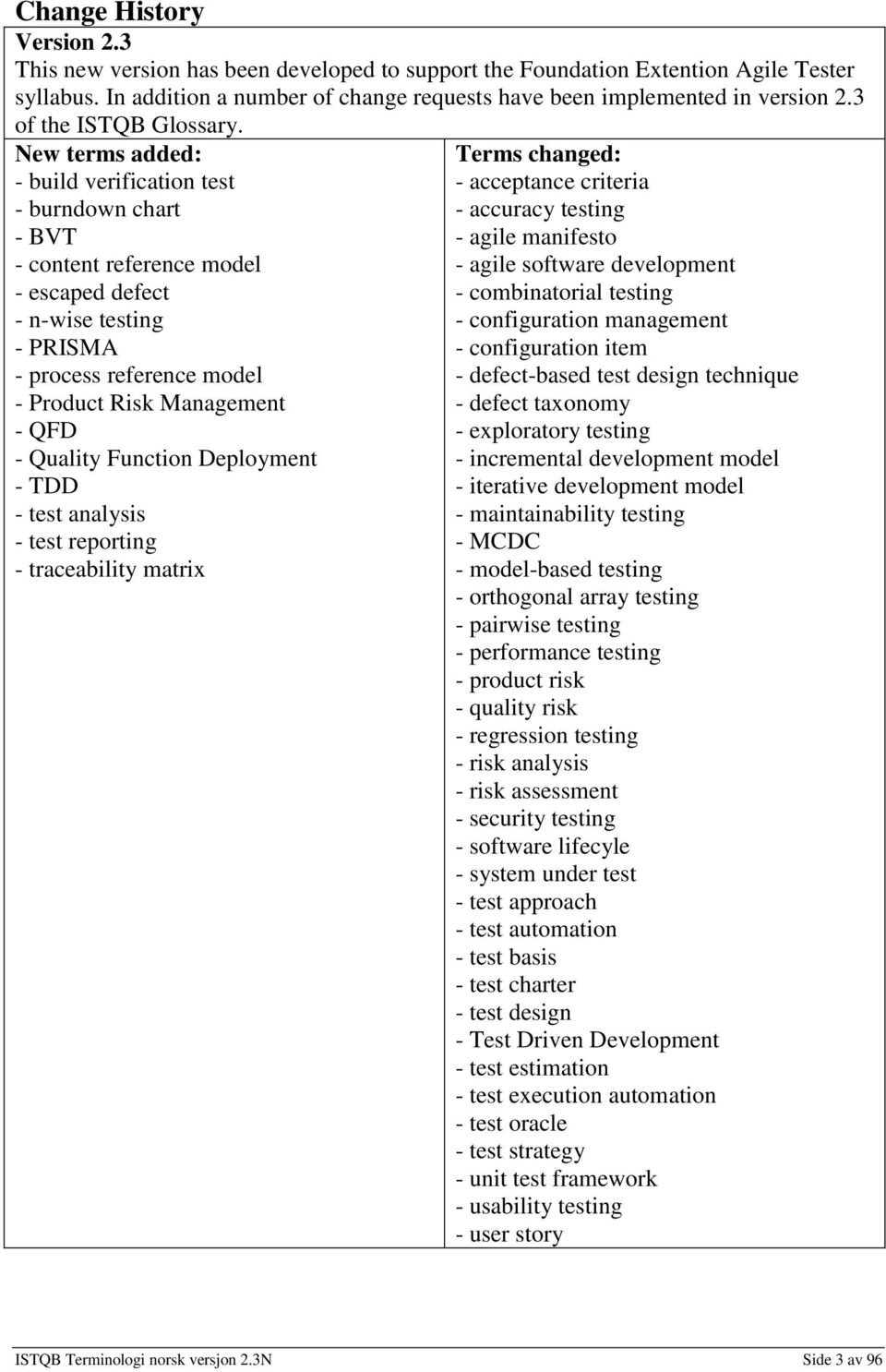 New terms added: - build verification test - burndown chart - BVT - content reference model - escaped defect - n-wise testing - PRISMA - process reference model - Product Risk Management - QD -