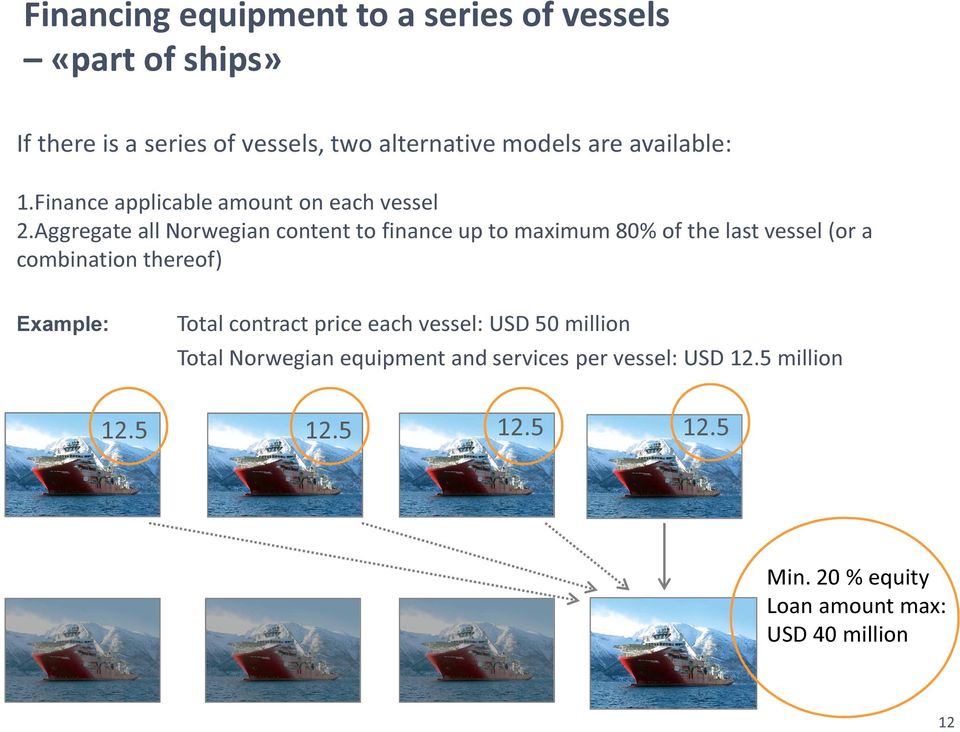 Aggregate all Norwegian content to finance up to maximum 80% of the last vessel (or a combination thereof) Example:
