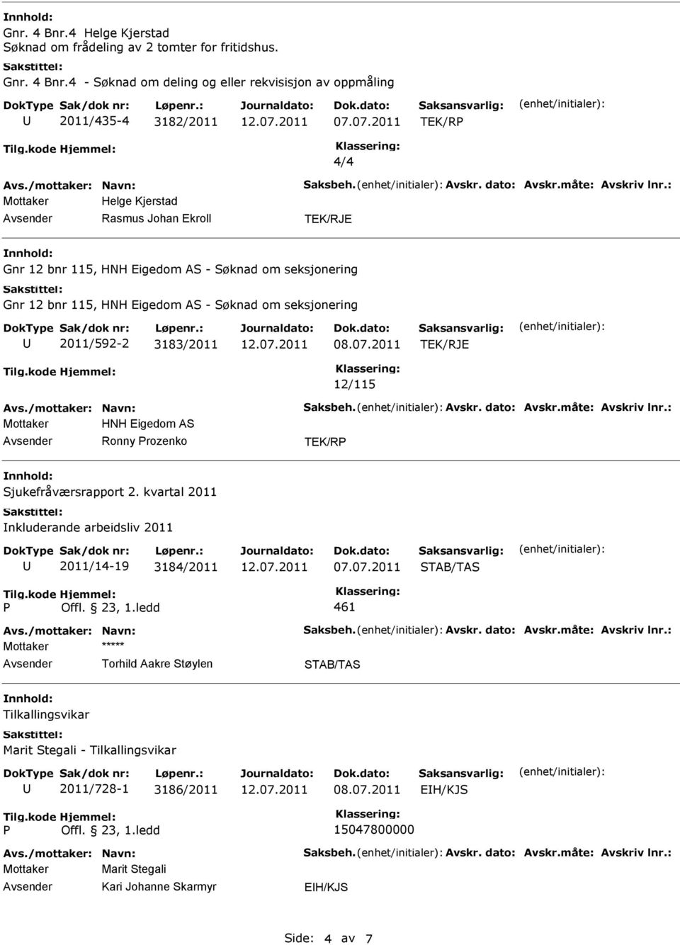 4 - Søknad om deling og eller rekvisisjon av oppmåling 2011/435-4 3182/2011 TEK/R 4/4 Mottaker Helge Kjerstad Gnr 12 bnr 115, HNH Eigedom AS - Søknad om