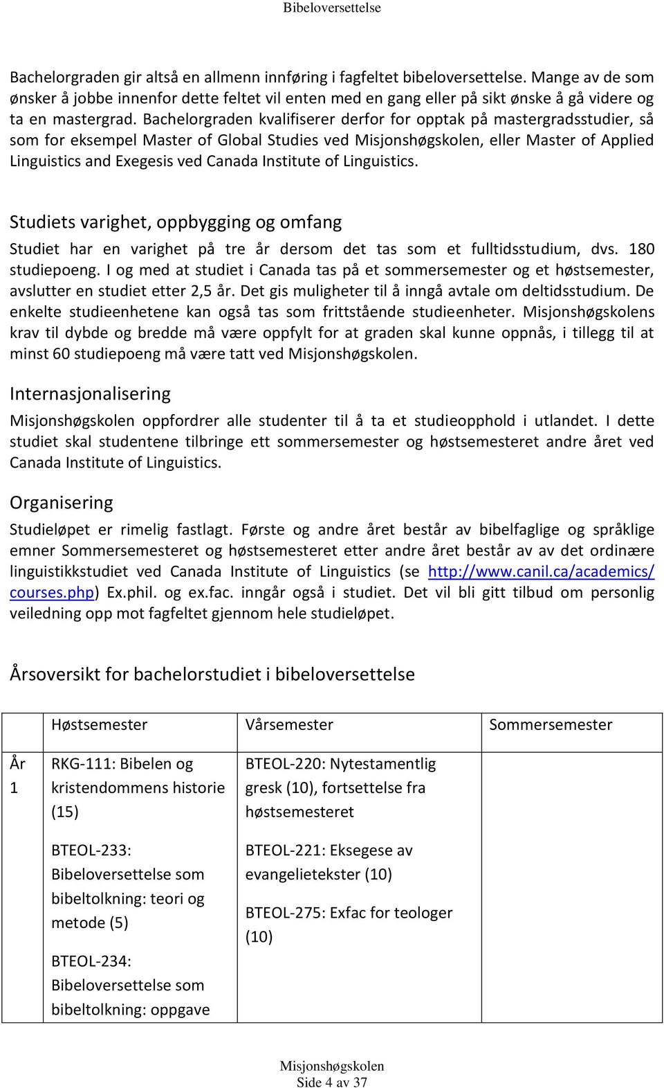 Bachelorgraden kvalifiserer derfor for opptak på mastergradsstudier, så som for eksempel Master of Global Studies ved, eller Master of Applied Linguistics and Exegesis ved Canada Institute of