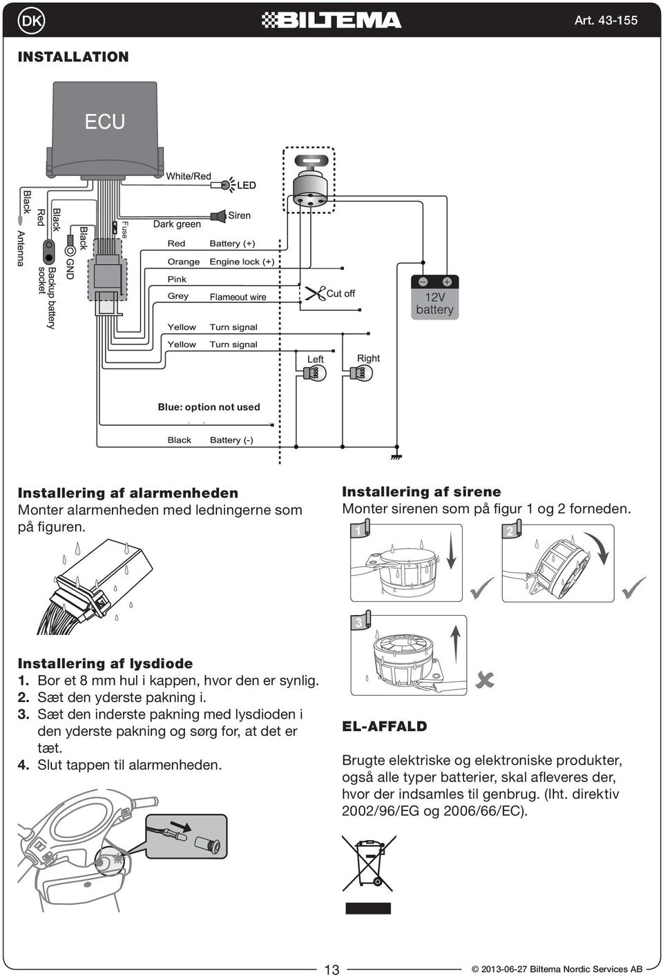 3. Sæt den inderste pakning med lysdioden i den yderste pakning og sørg for, at det er tæt. 4. Slut tappen til alarmenheden.