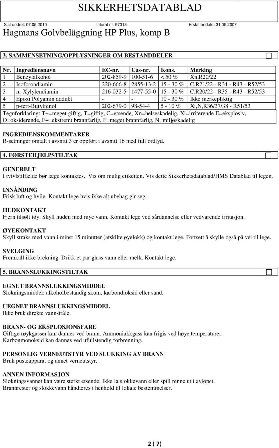 R43 - R52/53 4 Epoxi Polyamin addukt - - 10-30 % Ikke merkepliktig 5 p-tert-butylfenol 202-679-0 98-54-4 5-10 % Xi,N,R36/37/38 - R51/53 Tegnforklaring: T+=meget giftig, T=giftig, C=etsende,