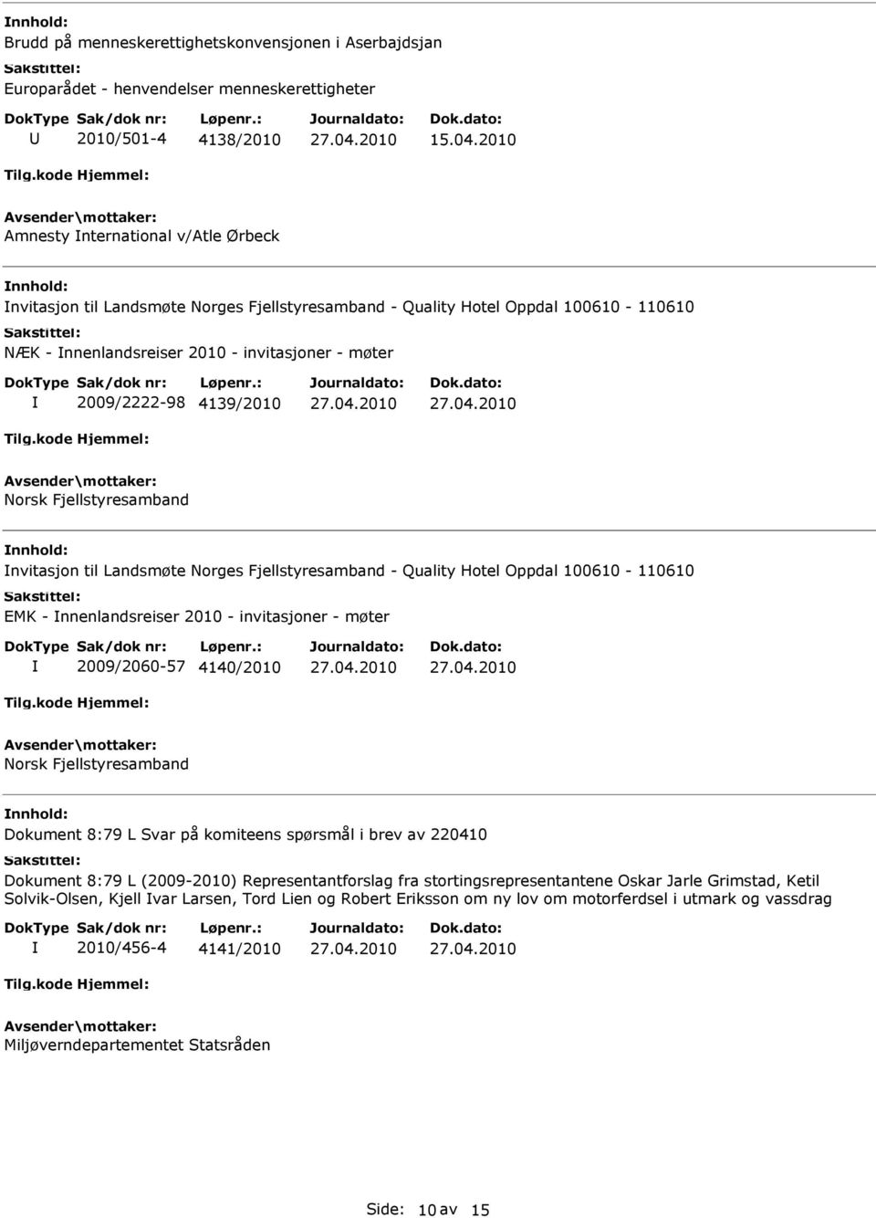 Norsk Fjellstyresamband nvitasjon til Landsmøte Norges Fjellstyresamband - Quality Hotel Oppdal 100610-110610 EMK - nnenlandsreiser 2010 - invitasjoner - møter 2009/2060-57 4140/2010 Norsk