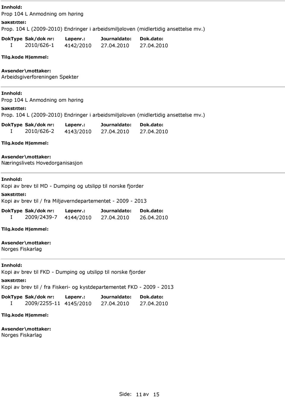 Kopi av brev til / fra Miljøverndepartementet - 2009-2013 2009/2439-7 4144/2010 Norges Fiskarlag Kopi av brev til FKD - Dumping og utslipp til norske fjorder Kopi av