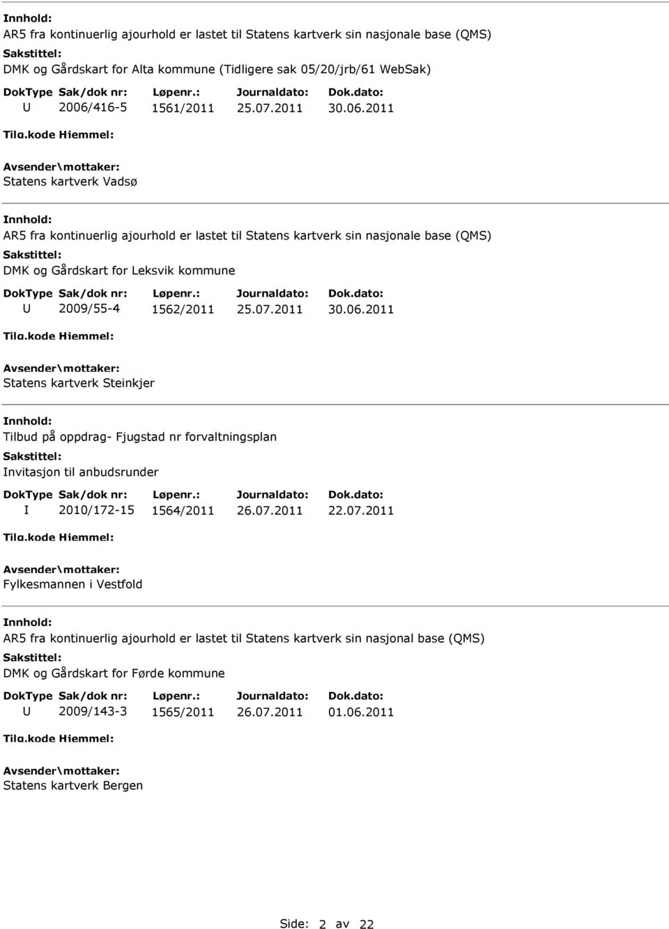 2011 Statens kartverk Vadsø DMK og Gårdskart for Leksvik kommune 2009/55-4 1562/2011 25.07.2011 30.06.