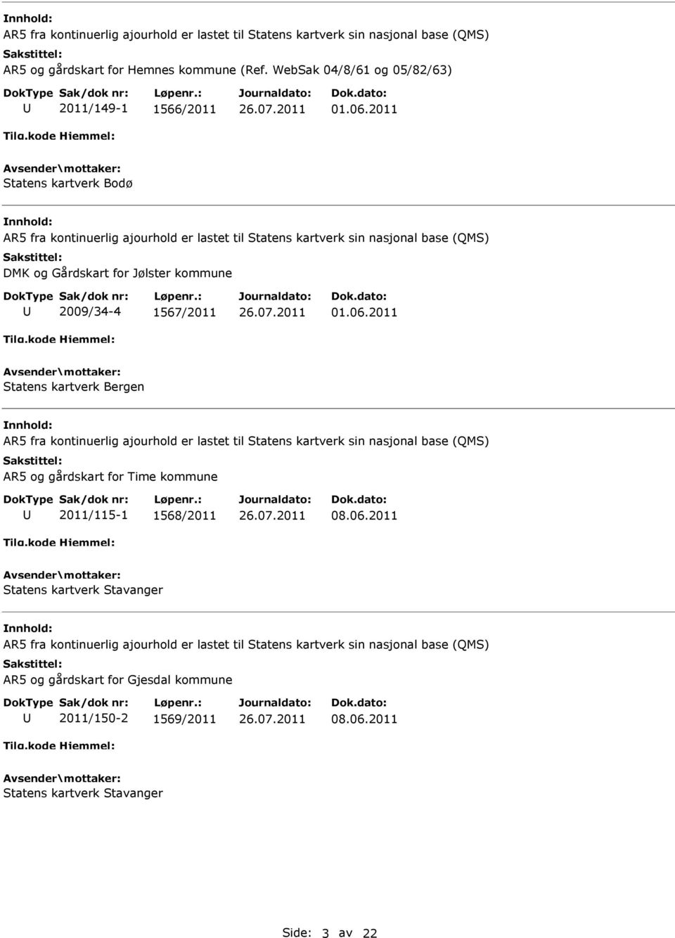 2011 Statens kartverk Bergen AR5 fra kontinuerlig ajourhold er lastet til Statens kartverk sin nasjonal base (QMS) AR5 og gårdskart for Time kommune 2011/115-1 1568/2011 08.06.