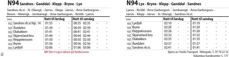 14 01:35 - - 00:35 02:35 - - 102 Åsedalen 01:39 - - 00:39 02:39 - - 102 Olabakken 01:41 - - 00:41 02:41 - - 102 Skjæveland bru 01:44 - - 00:44 02:44 - - 103 Kleppekrossen 01:50 - - 00:50 02:50 - -